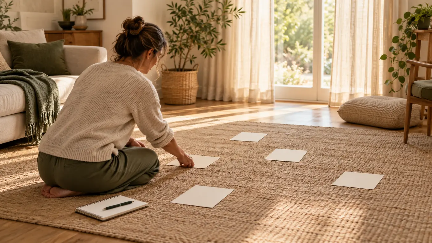 Femme pratiquant seule une constellation familiale avec des feuilles disposées au sol