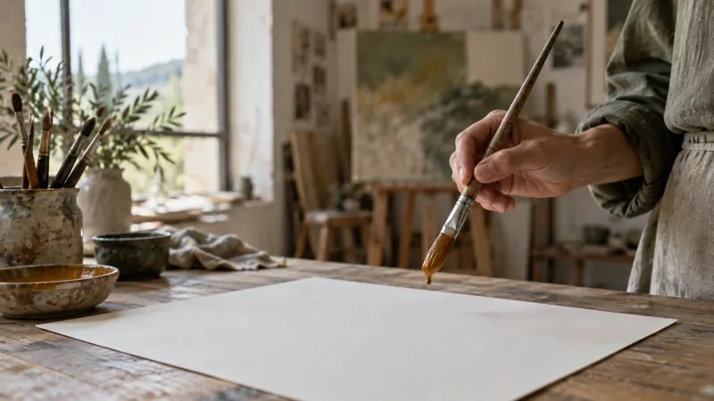 Main tenant un pinceau au dessus d'une feuille blanche, atelier d'art-thérapie