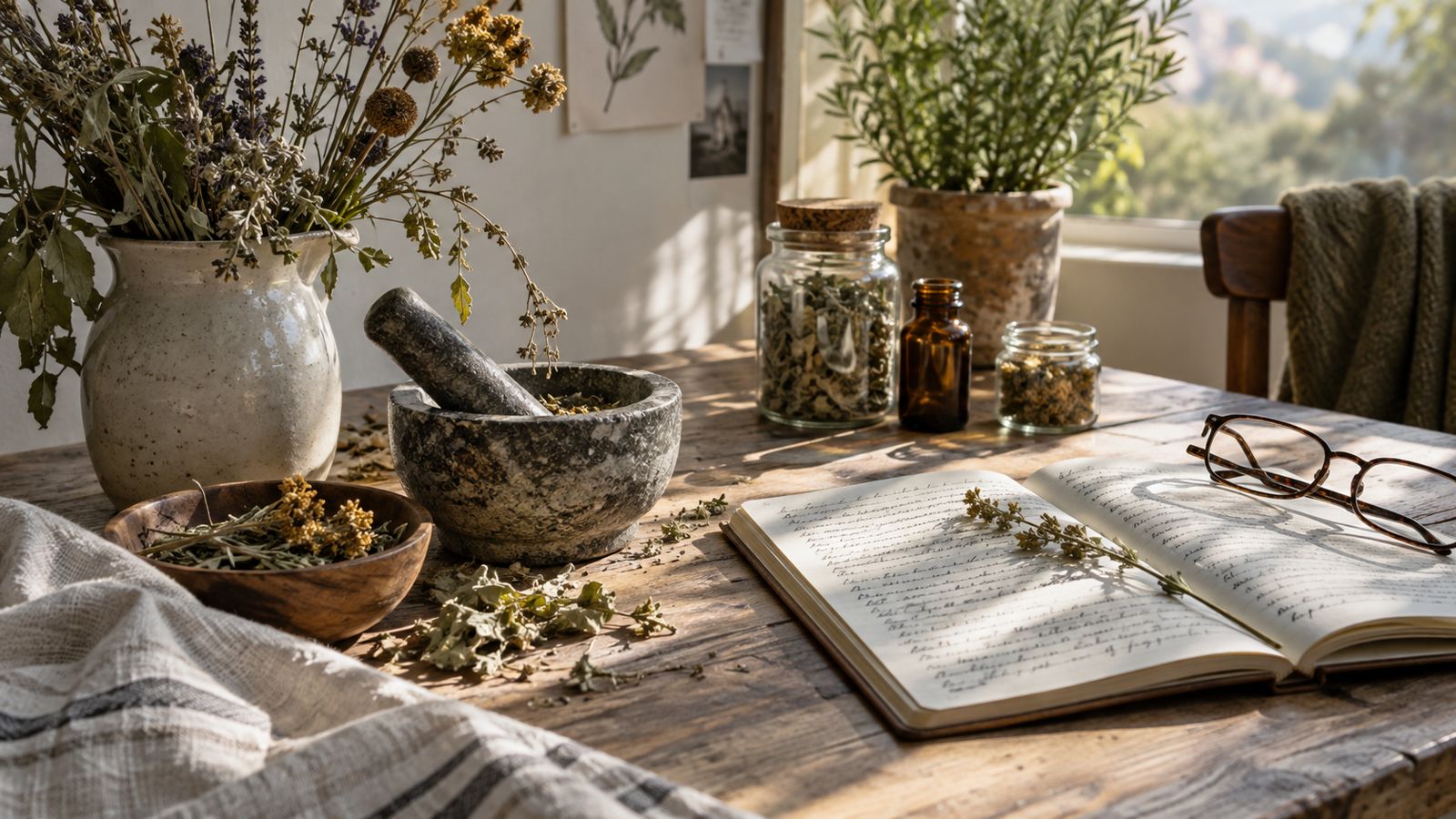 Plantes séchées et carnet de notes, naturopathie traditionnelle et fonctionnelle