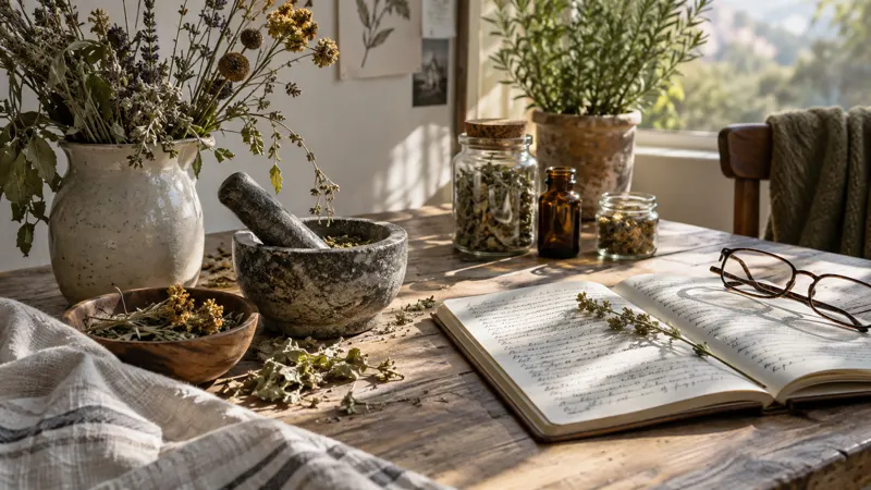 Plantes séchées et carnet de notes, naturopathie traditionnelle et fonctionnelle