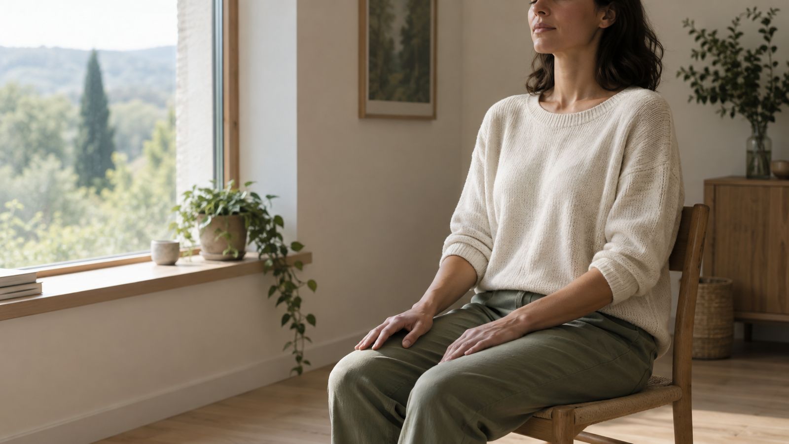Personne assise en posture de sophrologie près d'une fenêtre