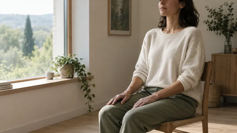 Personne assise en posture de sophrologie près d'une fenêtre