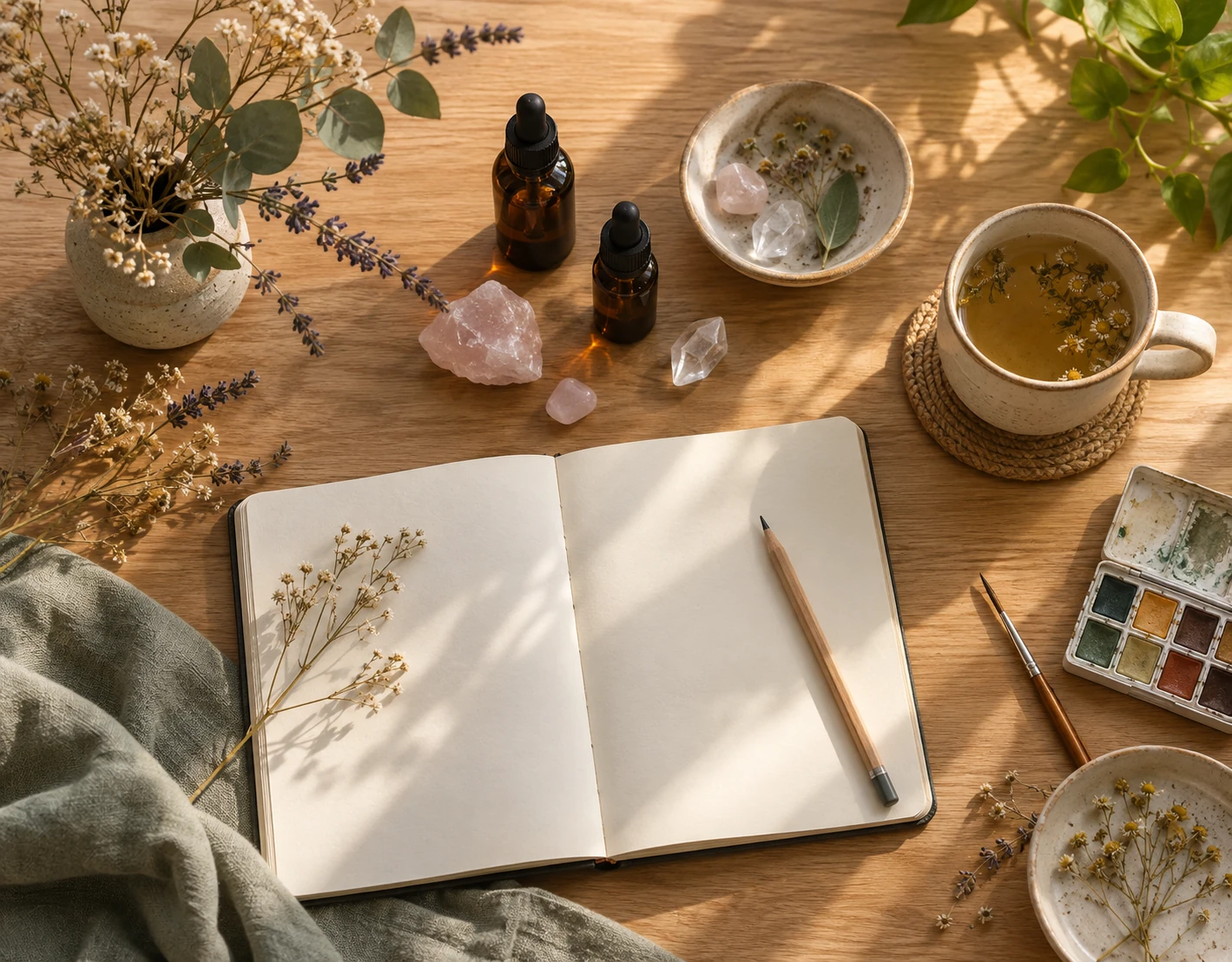 Table en bois clair avec plantes séchées, flacons ambrés, pierres, carnet, aquarelles et tasse de tisane