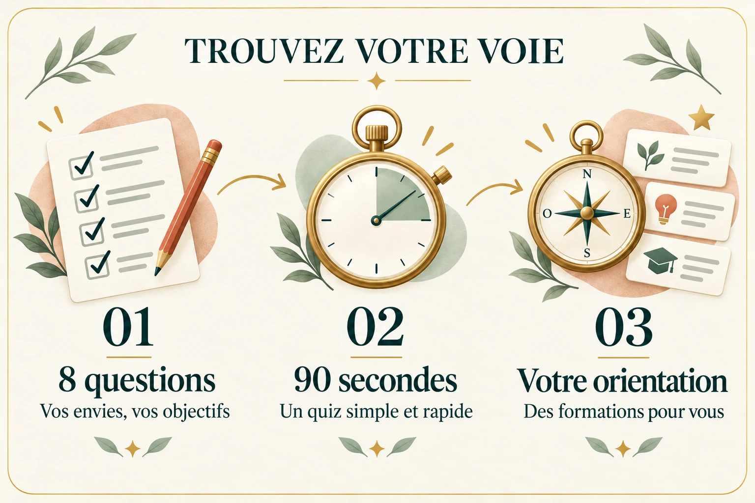 Votre orientation en trois étapes : 8 questions sur vos envies et objectifs, environ 90 secondes, puis des formations adaptées à votre profil.